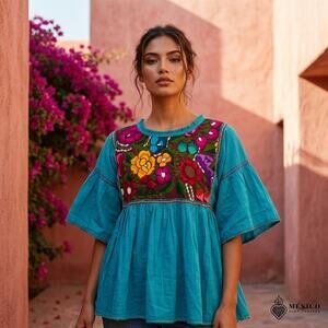 Mexican hand made  Blouse – Handmade design  peasent uni size S to M
